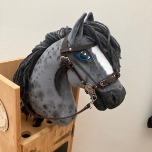 graues Hobby Horse mit mehrfarbiger Mähne und mit zaumzeug